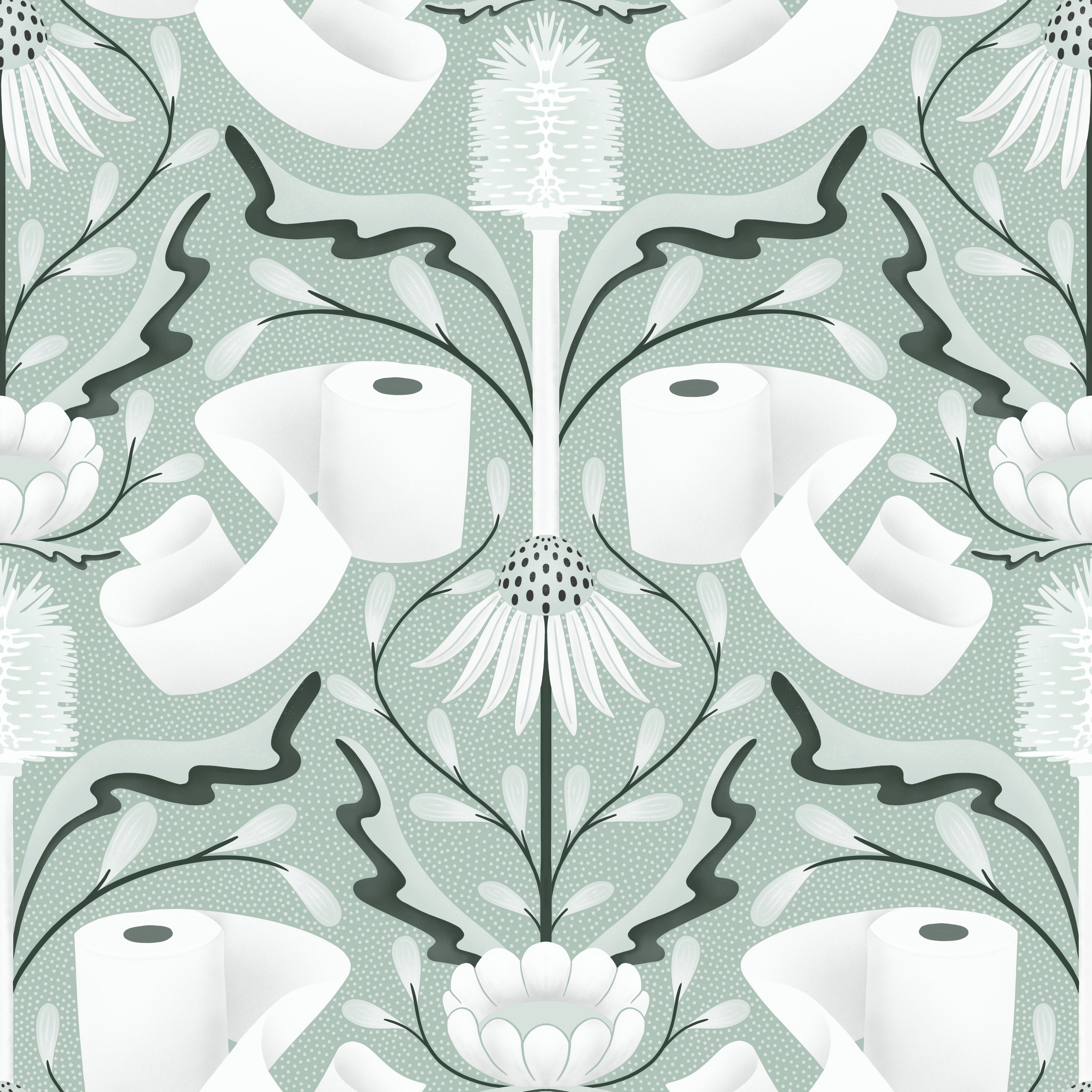 Patterned design with toilet paper rolls and floral elements on a light green background